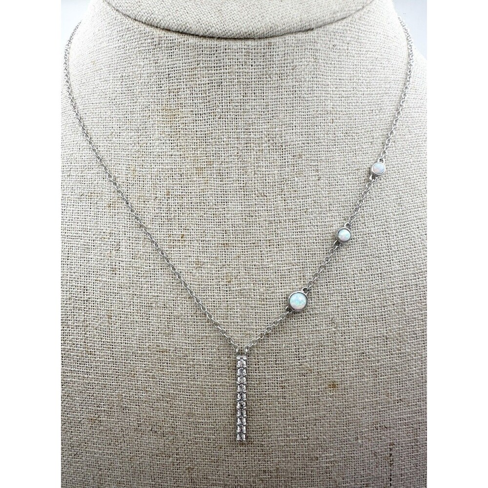 925 Sterling Silver Imitation Opal Cubic Zirconia Necklace 18”